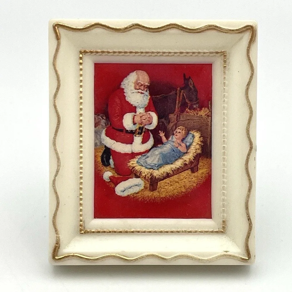 Vintage 1970s Santa Baby Jesus Mini Framed Plaque Hong Kong Miniature Nativity